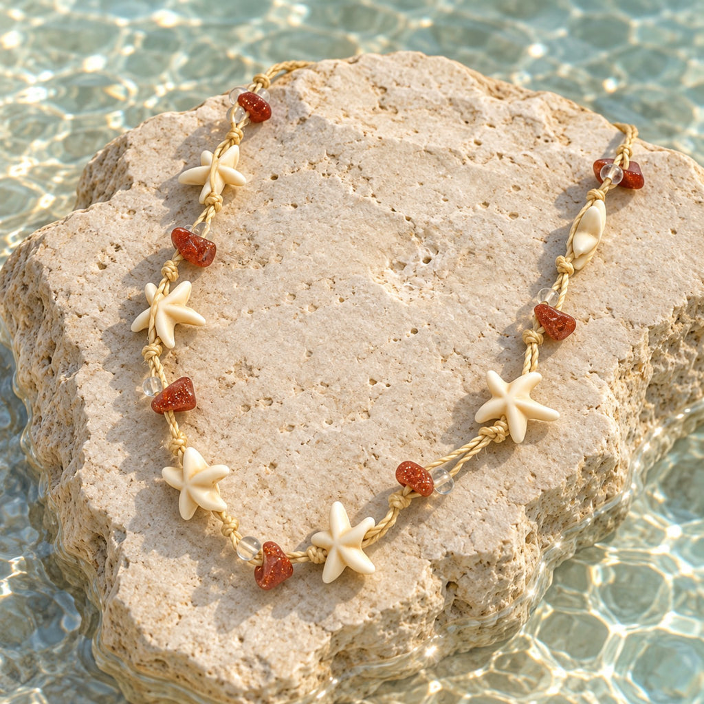 Colar Nalu com cordão bege, estrelas-do-mar em tom marfim e contas terracota e transparentes, disposto sobre uma pedra clara.